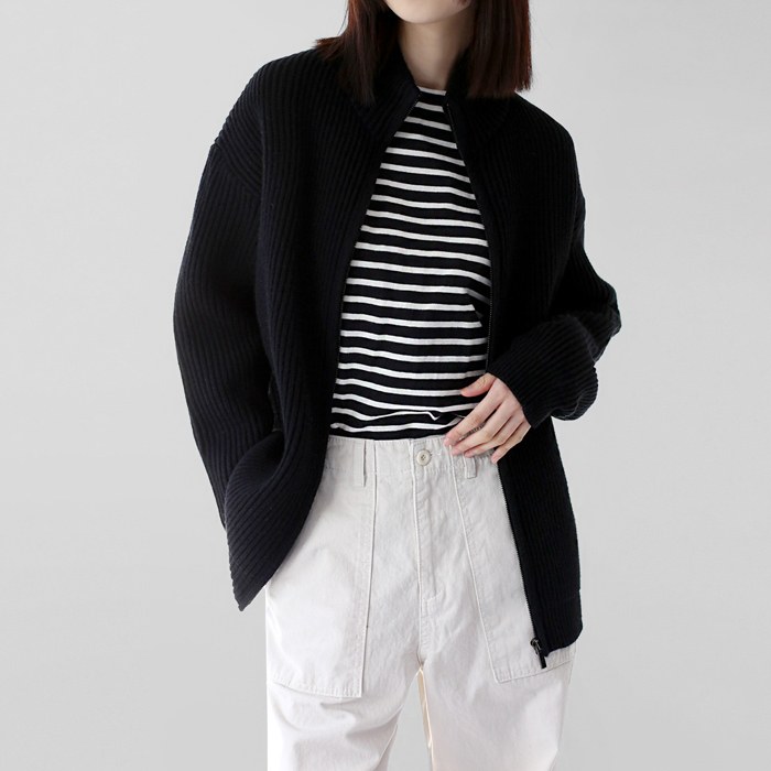 Rib thick zip-up cardigan